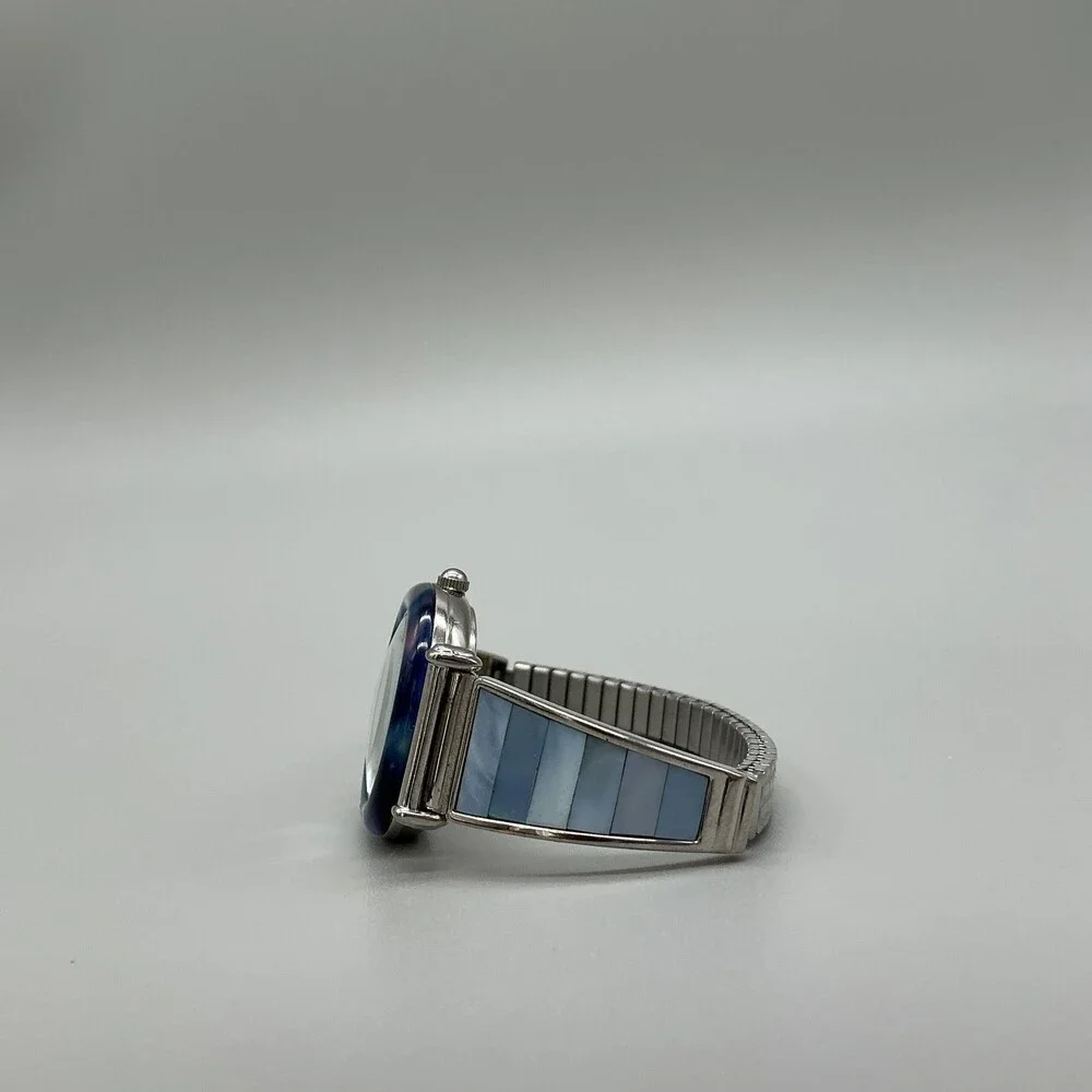 Avon Womens Watch 28mm Blue Abalone Bezel Inlay Stretch F69038-1/P New Battery